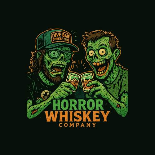 Horror Whiskey Company illustrated logo: two green zombie hosts raising whiskey glasses